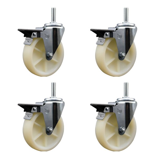 5 Inch Nylon Wheel Swivel 34 Inch Threaded Stem Caster Set with Brake SCC